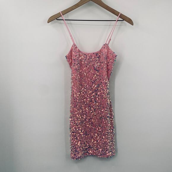 Lucy in the Sky Sequin Velvet Bodycon Mini Dress Iridescent Pink Womens XS - Picture 2 of 7
